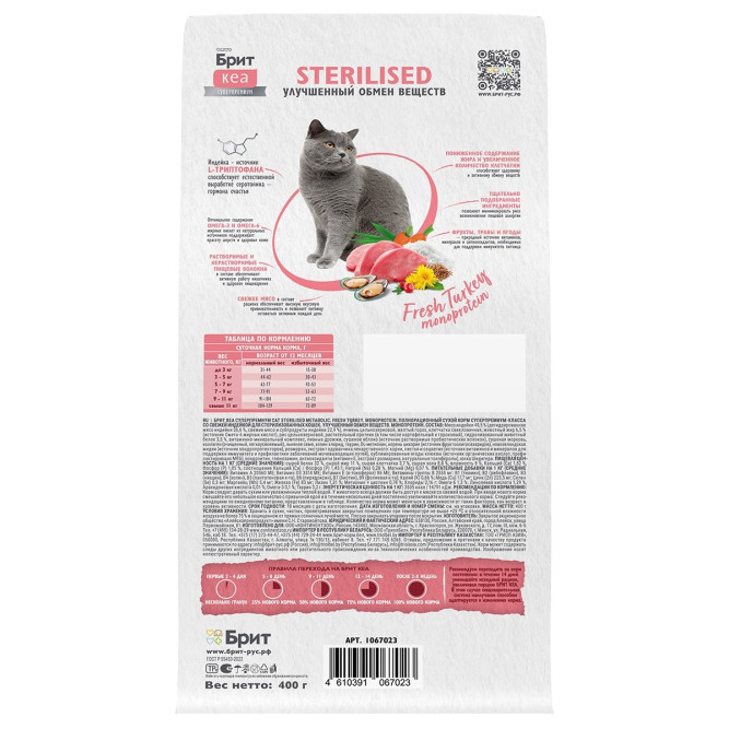 Брит Кеа Cat Sterilised Metabolic Monoprotein сухой корм для стерилизованных кошек, с индейкой - 400 г