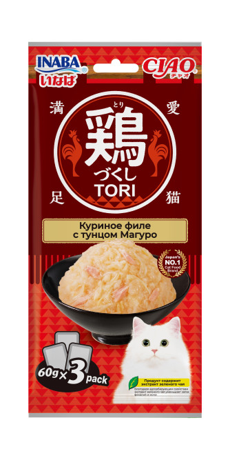 Inaba Ciao Tori влажный дополнительный корм для взрослых кошек с куриным филе и тунцом магуро, в паучах - 60 г х 3 шт