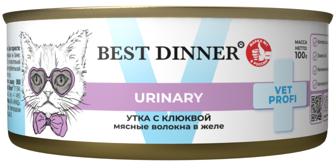 Best Dinner Exclusive Vet Profi Urinary диетический влажный корм для взрослых кошек для профилатки мочекаменной болезни, с уткой и клюквой, в консервах - 100 г х 12 шт