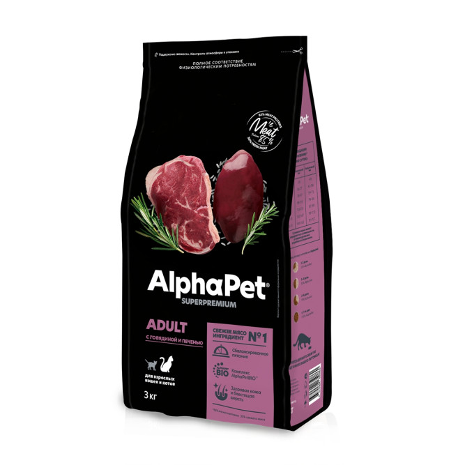 AlphaPet Superpremium сухой полнорационный корм для взрослых кошек и котов с говядиной и печенью - 3 кг