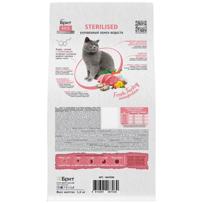 Брит Кеа Cat Sterilised Metabolic Monoprotein сухой корм для стерилизованных кошек, с индейкой - 1,5 кг