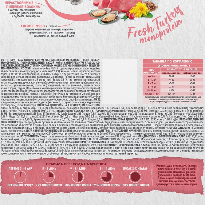 Брит Кеа Cat Sterilised Metabolic Monoprotein сухой корм для стерилизованных кошек, с индейкой - 1,5 кг