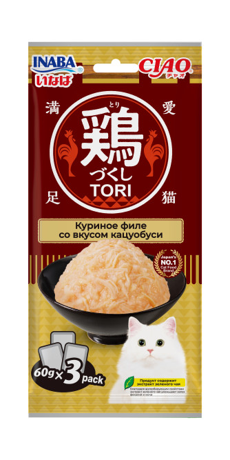 Inaba Ciao Tori влажный дополнительный корм для взрослых кошек с куриным филе со вкусом кацуобуси, в паучах - 60 г х 3 шт