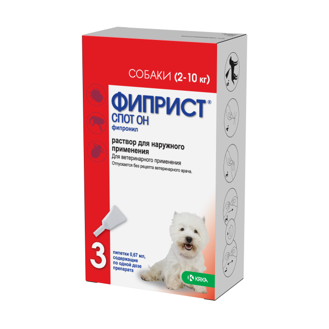 Фиприст Спот Он KRKA капли для собак 2-10 кг от блох, вшей, клещей и власоедов - 3 пипетки