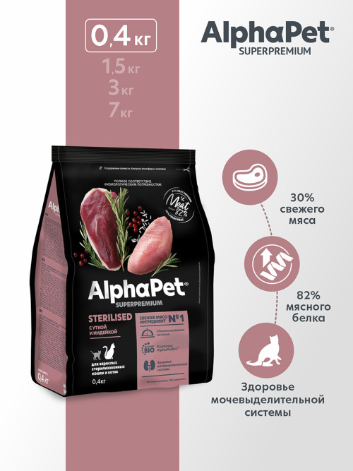 AlphaPet Superpremium сухой полнорационный корм для взрослых стерилизованных кошек и котов с уткой и индейкой - 400 г