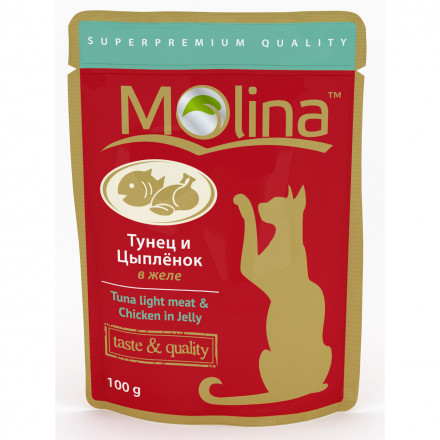 Molina влажный корм для взрослых кошек с тунцом и цыпленком в желе в паучах - 100 г