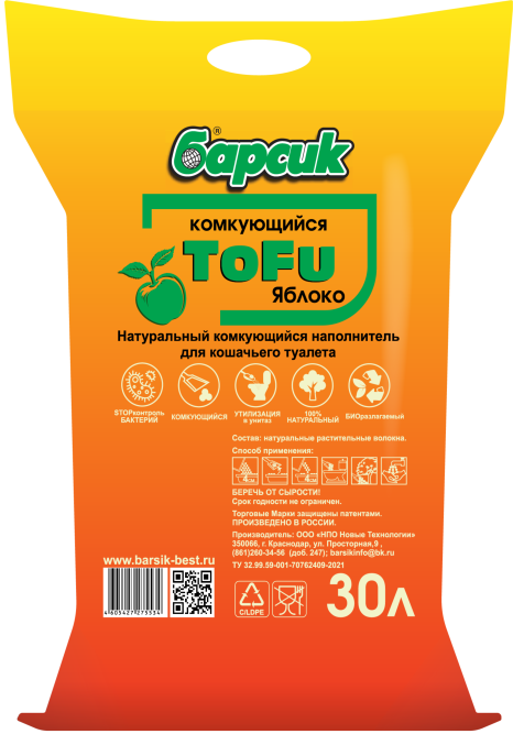 Барсик ToFu комкующийся наполнитель для кошачьего туалета, с ароматом Яблоко - 30 л