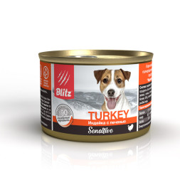 Blitz Sensitive консервы для собак всех пород с чувствительным пищеварением, с индейкой и печенью - 200 г х 24 шт