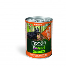 Monge Dog BWild Grain Free Mini влажный беззерновой корм для взрослых собак мелких пород с уткой, тыквой и кабачками в консервах 400 г (24 шт в уп)