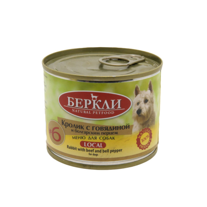 Беркли №6 влажный корм для взрослых собак и щенков, кролик с говядиной и болгарским перцем - 200 г x 6 шт