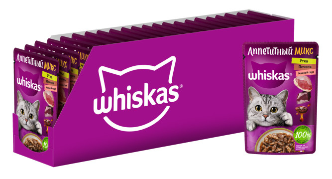 Whiskas Аппетитный микс влажный корм для взрослых кошек, с уткой и печенью в мясном соусе, в паучах - 75 г х 28 шт