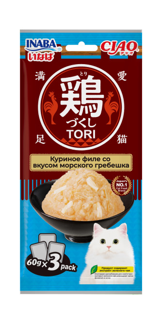 Inaba Ciao Tori влажный дополнительный корм для взрослых кошек с куриным филе со вкусом морского гребешка, в паучах - 60 г х 3 шт