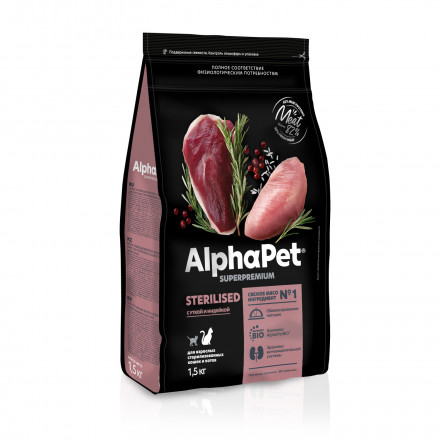 AlphaPet Superpremium сухой полнорационный корм для взрослых стерилизованных кошек и котов с уткой и индейкой - 1,5 кг