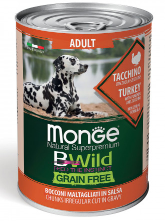 Monge Dog BWild Grain Free влажный беззерновой корм для взрослых собак всех пород с индейкой, тыквой и кабачками в консервах 400 г (24 шт в уп)