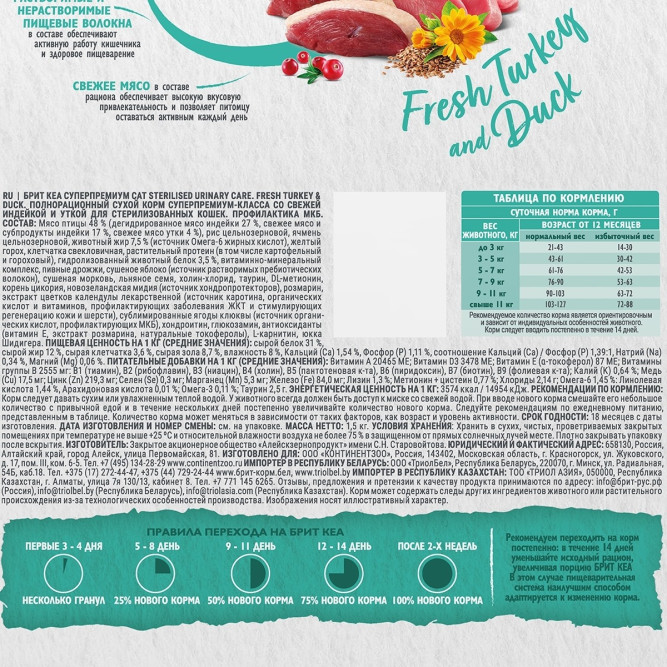 Брит Кеа Cat Sterilised Urinary Care сухой корм для стерилизованных кошек для профилактики МКБ, с индейкой и уткой - 1,5 кг