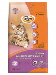 Мнямс Hairball &amp; Indoor сухой корм для взрослых кошек для выведения комков шерсти из желудка с ягненком - 400 г