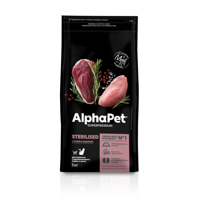 AlphaPet Superpremium сухой полнорационный корм для взрослых стерилизованных кошек и котов с уткой и индейкой - 3 кг