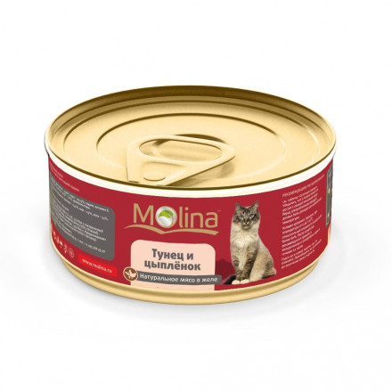 Molina влажный корм для взрослых кошек с тунцом и цыпленком в желе в консервах - 80 г