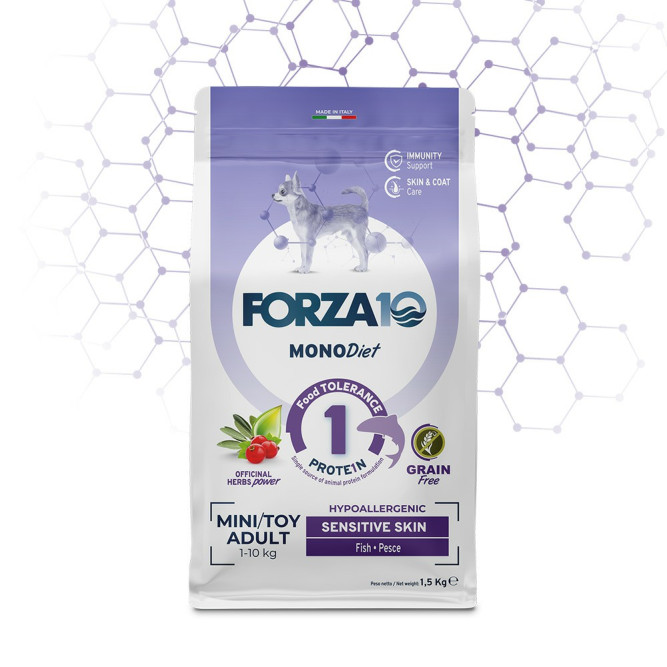 Forza10 MonoDiet Sensitive Skin Mini&amp;Toy Adult сухой гипоаллергенный корм для взрослых собак мелких пород с чувствительной кожей и шерстью, с рыбой - 1,5 кг