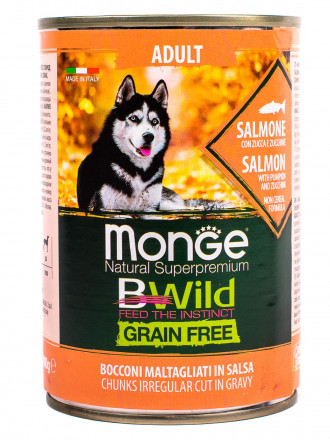 Monge Dog BWild Grain Free влажный беззерновой корм для взрослых собак всех пород с лососем, тыквой и кабачками в консервах 400 г (24 шт в уп)