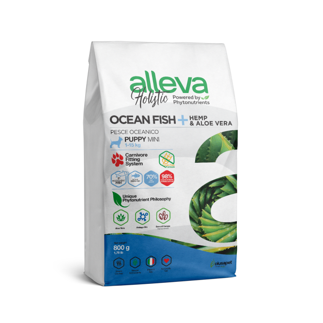 Alleva Holistic Puppy/Junior Ocean Fish Mini сухой корм для щенков и юниоров с океанической рыбой, коноплей и алое вера - 800 г
