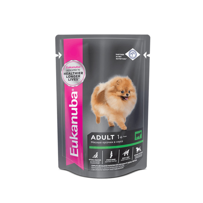 Eukanuba Adult Dog влажный корм для взрослых собак всех пород с говядиной в соусе, в паучах - 100 г х 28 шт