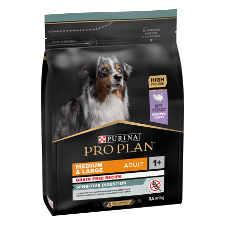 Purina Pro Plan Optidigest Grain Free сухой беззерновой корм для взрослых собак средних и крупных пород с чувствительным пищеварением с индейкой - 2,5 кг