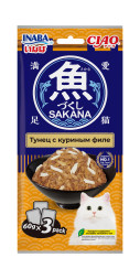 Inaba Ciao Sakana влажный дополнительный корм для взрослых кошек с тунцом и куриным филе, в паучах - 60 г х 3 шт