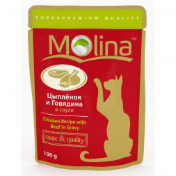 Molina влажный корм для взрослых кошек с цыпленком и говядиной в соусе в паучах - 100 г