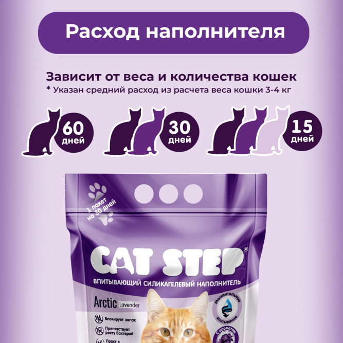 Cat Step Arctic Lavender наполнитель впитывающий силикагелевый с ароматом лаванды - 7,6 л (3,3 кг)