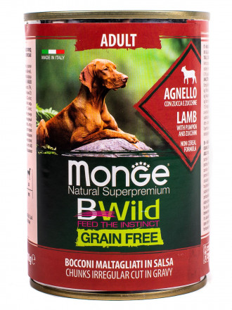 Monge Dog BWild Grain Free влажный беззерновой корм для взрослых собак всех пород с ягненком, тыквой и кабачками в консервах 400 г (24 шт в уп)