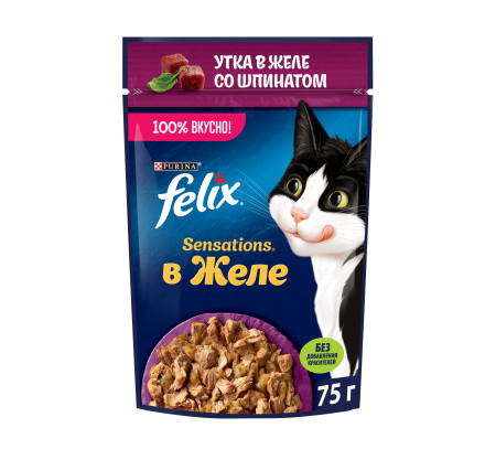 Felix Sensations влажный корм для кошек с уткой и шпинатом в желе, в паучах - 75 г х 26 шт