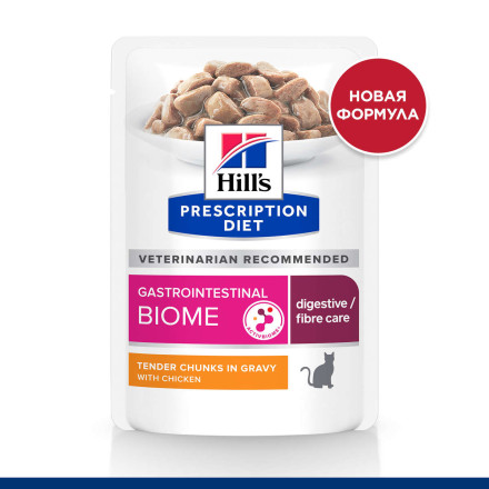 Hills Prescription Diet Gastrointestinal Biome влажный диетический корм для взрослых кошек при лечении заболеваний ЖКТ с курицей, в паучах - 85 г x 12 шт