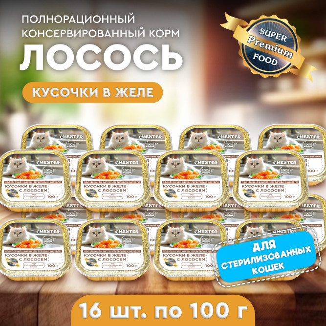 Chester влажный корм для взрослых стерилизованных кошек, кусочки в желе, с лососем, в ламистерах - 100 г х 16 шт