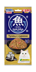Inaba Ciao Sakana влажный дополнительный корм для взрослых кошек с тунцом и сурими, в паучах - 60 г х 3 шт