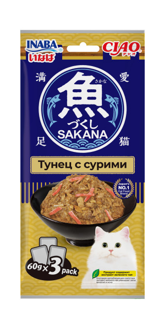 Inaba Ciao Sakana влажный дополнительный корм для взрослых кошек с тунцом и сурими, в паучах - 60 г х 3 шт