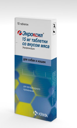 Энроксил KRKA 15 мг антибактериальный препарат для собак и кошек со вкусом мяса - 10 таблеток
