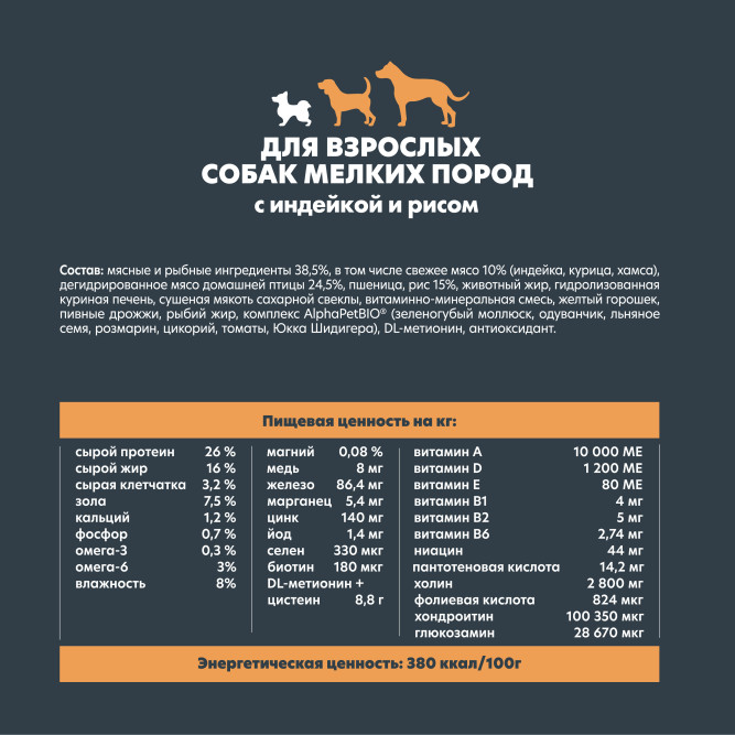 AlphaPet WOW Superpremium сухой полнорационный корм для взрослых собак мелких пород с индейкой и рисом - 1,5 кг