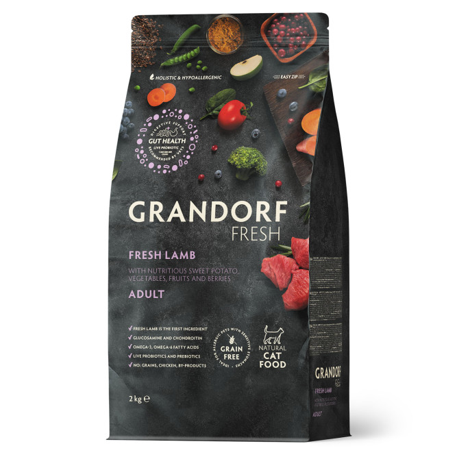 Grandorf Fresh Cat Adult Lamb&amp;Sweet Potato сухой беззерновой корм с живыми пробиотиками для взрослых кошек с ягненком и бататом - 2 кг