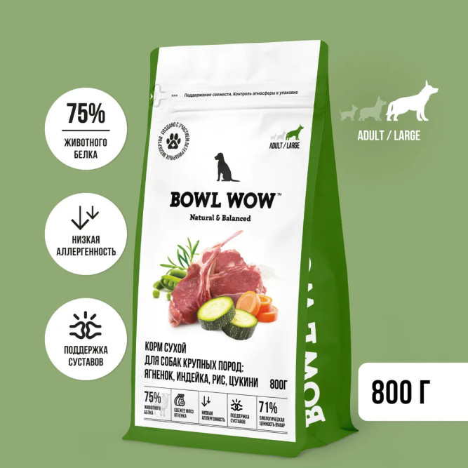 BOWL WOW сухой корм для взрослых собак крупных пород с ягненком, индейкой, рисом и цукини - 800 г