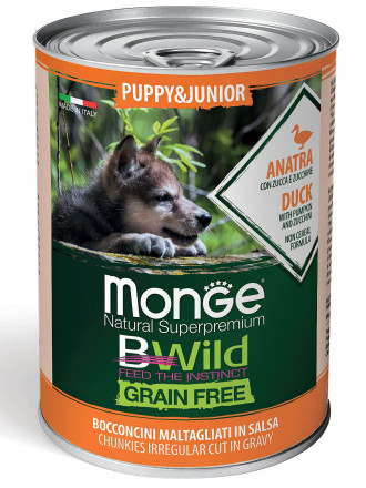 Monge Dog BWild Grain Free Puppy&amp;Junior влажный беззерновой корм для щенков всех пород с уткой, тыквой и кабачками в консервах 400 г (24 шт в уп)