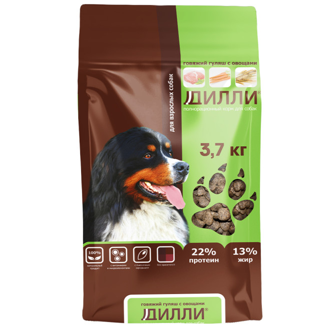Дилли сухой корм для взрослых собак говяжий гуляш с овощами - 3,7 кг