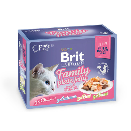 Brit Premium Family Plate Jelly набор паучей для взрослых кошек в желе - 85 г х 12 шт (курица, говядина, форель и лосось)