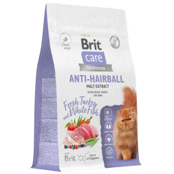 Brit Care Cat Anti-Hairball сухой корм для взрослых кошек для выведения шерсти из желудка, с белой рыбой и индейкой - 400 г