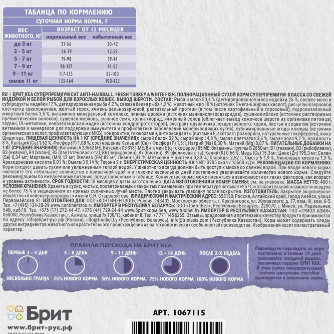 Брит Кеа Cat Anti-Hairball сухой корм для взрослых кошек для выведения шерсти из желудка, с белой рыбой и индейкой - 400 г