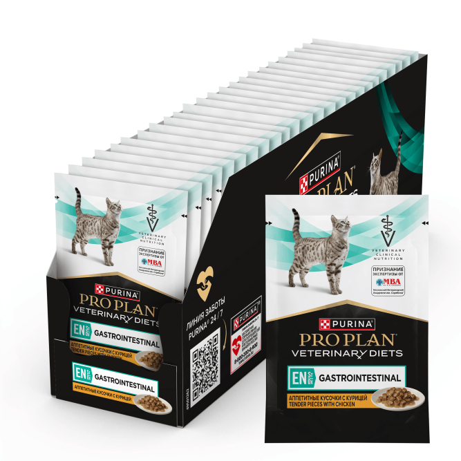 Purina Pro Plan Veterinary Diets EN St/Ox Gastrointestinal влажный диетический корм для котят и взрослых кошек при расстройствах пищеварения с курицей, в паучах - 85 г х 26 шт