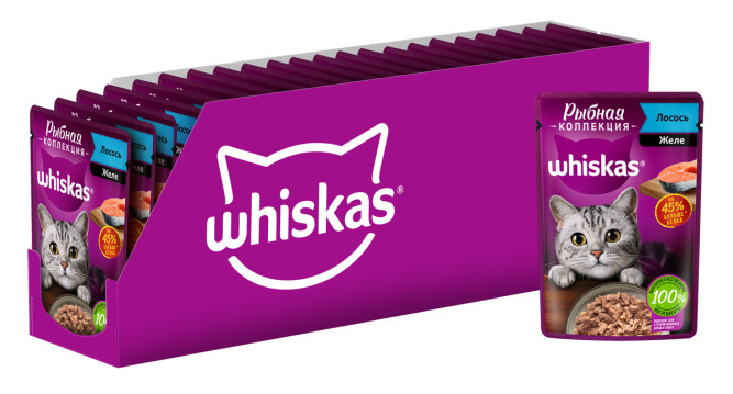 Whiskas влажный корм «Рыбная коллекция» для взрослых кошек, с лососем, в паучах - 75 г х 28 шт