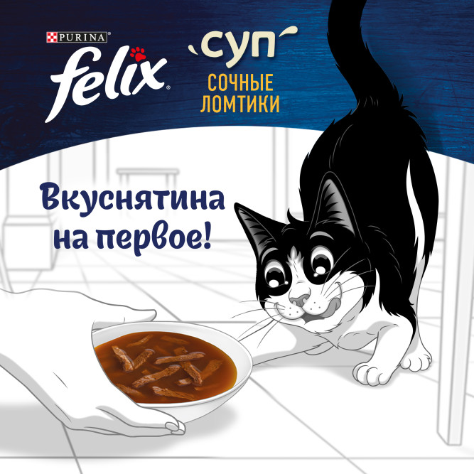 Felix неполнорационный влажный корм для взрослых кошек, суп с сочными ломтиками утки, в паучах - 48 г х 36 шт