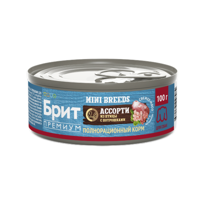 Брит Премиум Мини Breeds влажный корм для взрослых собак мелких пород, ассорти из птицы с потрошками, в консервах - 100 г х 6 шт