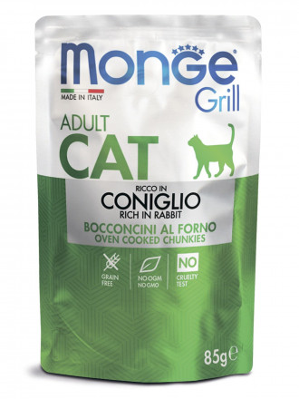 Monge Cat Grill влажный корм для взрослых кошек с итальянским кроликом в паучах 85 г (28 шт в уп)